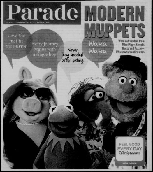 The cover of Parade Magazine for September 20, 2015 featuring Miss Piggy, Kermit the Frog, Gonzo, and Fozzie Bear. Each of them have a speech bubble. Fozzie is saying "Waka Waka."