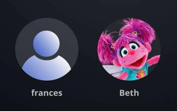 Login screen with two profiles: “frances” with a generic formless human shape, and “Beth” with an image of Abby Cadabby smiling